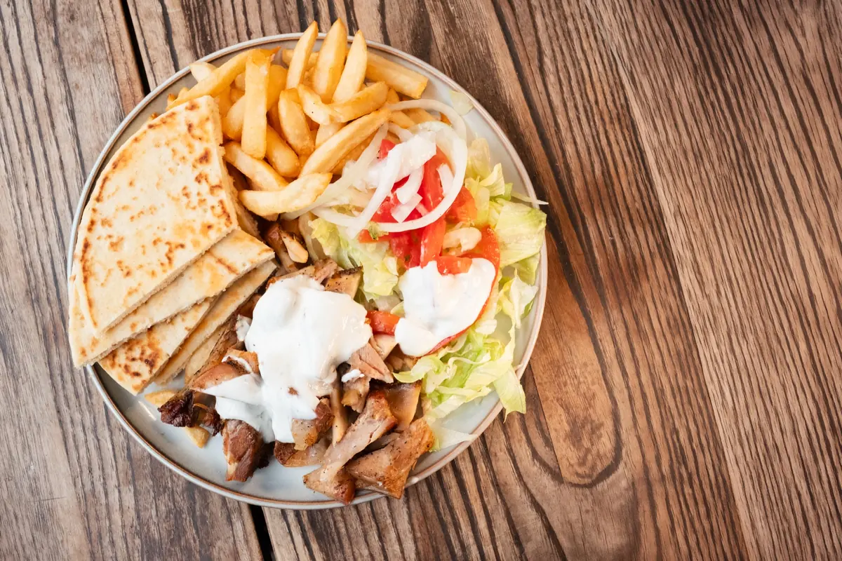 Chicken gyro platter seen from above